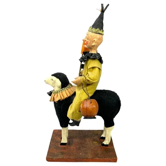 Bethany Lowe Halloween Jester Clown on Sheep w/ Trick Treat Flag Jack o Lantern - Picture 3 of 13